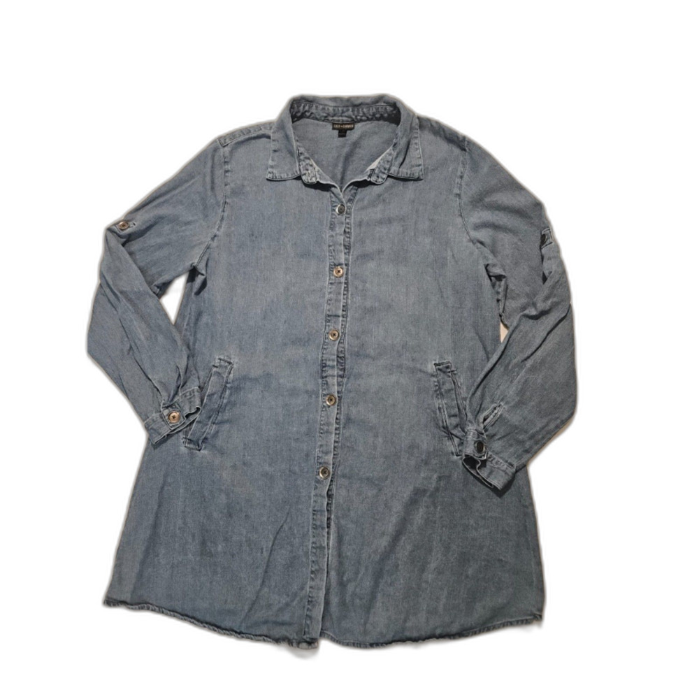 Coco Carmen Womens Large XL Denim Jean Shirt Dress Convertible Roll Tab Sleeve